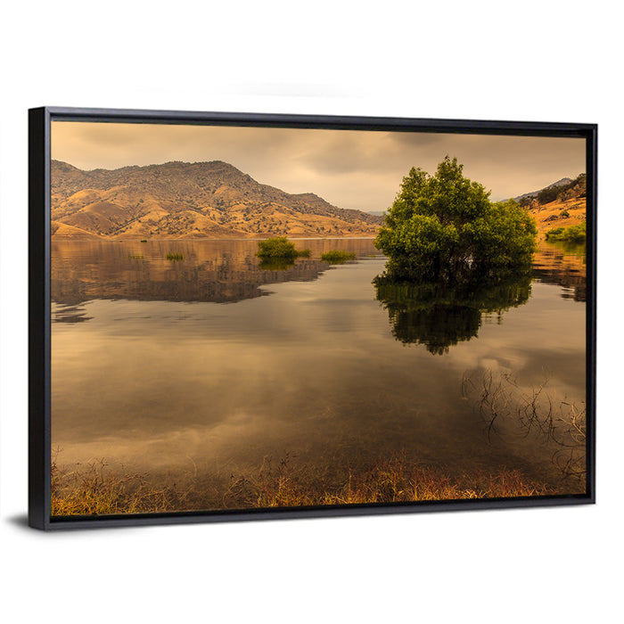 Lake Kaweah Golden Hour Reflection Wall Art as a framed canvas