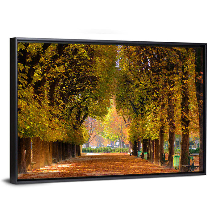 Golden Hour Autumn Path Wall Art as a framed canvas