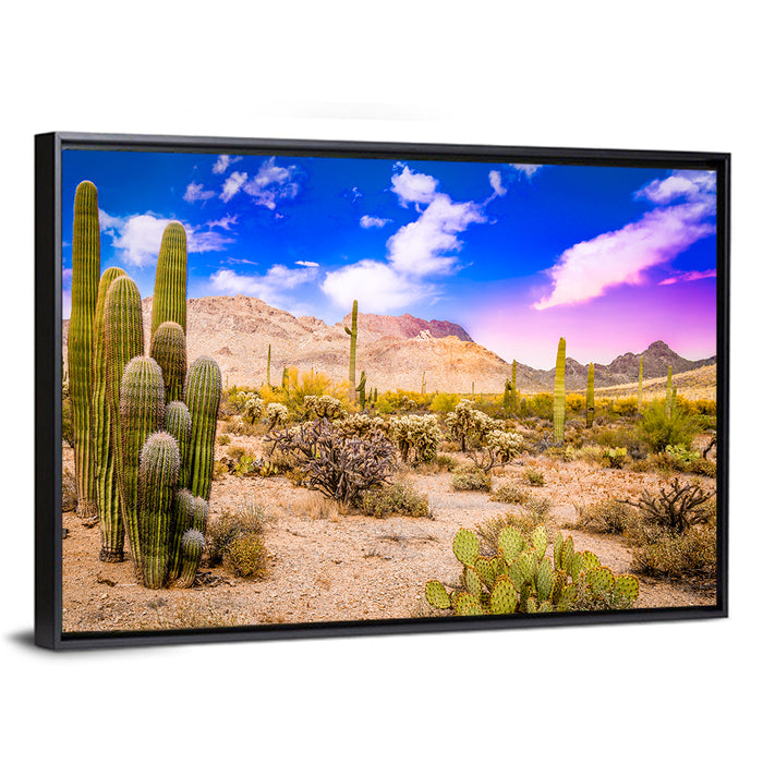 Arizona Saguaro Sunset Wall Art as a framed canvas