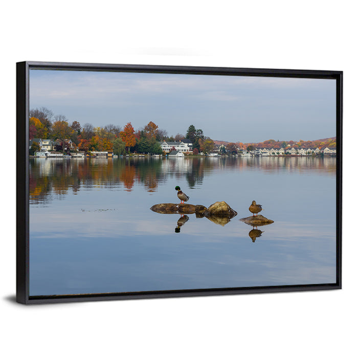 Lake Hopatcong Autumn Reflection Wall Art as a framed canvas