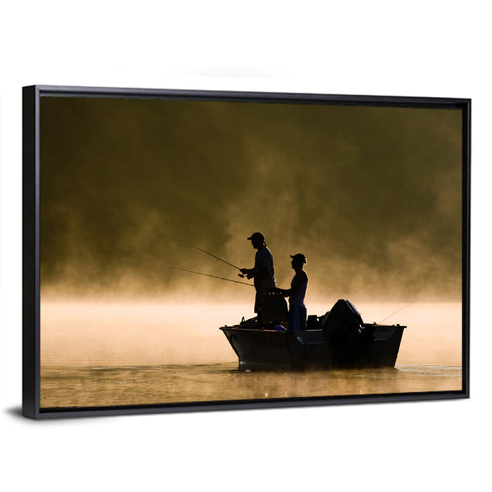 Misty Lake Fishing Wall Art as a framed canvas