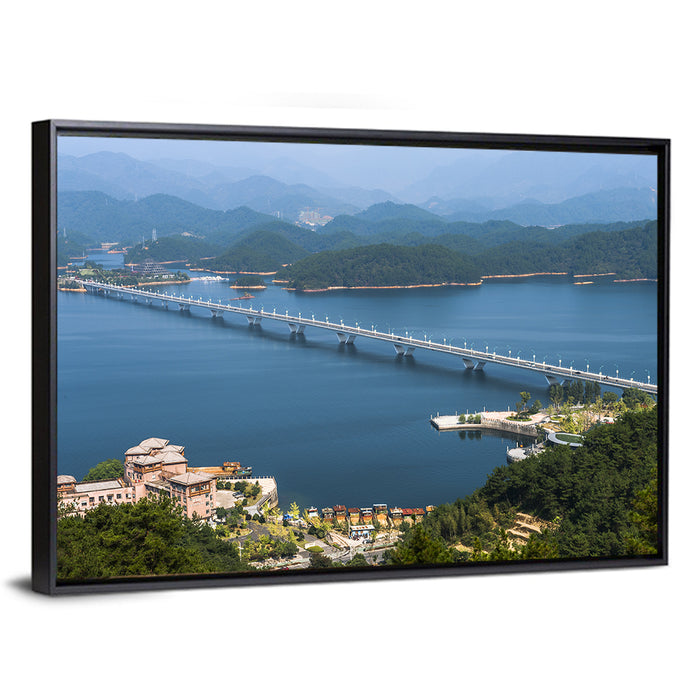 Qiandao Lake Bridge View Wall Art as a framed canvas