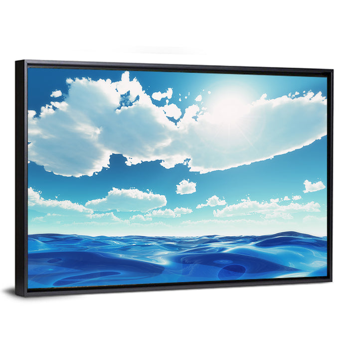Sunlit Ocean and Clouds Wall Art as a framed canvas