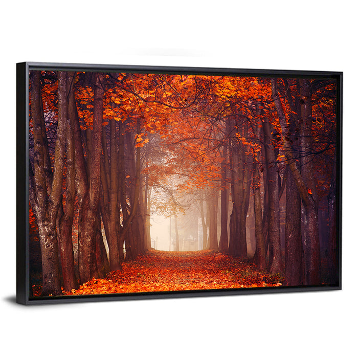 Misty Autumn Forest Path Wall Art as a framed canvas