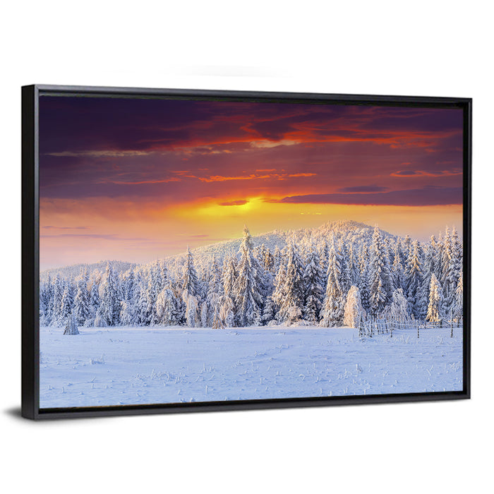Snowy Forest Sunset Wall Art as a framed canvas