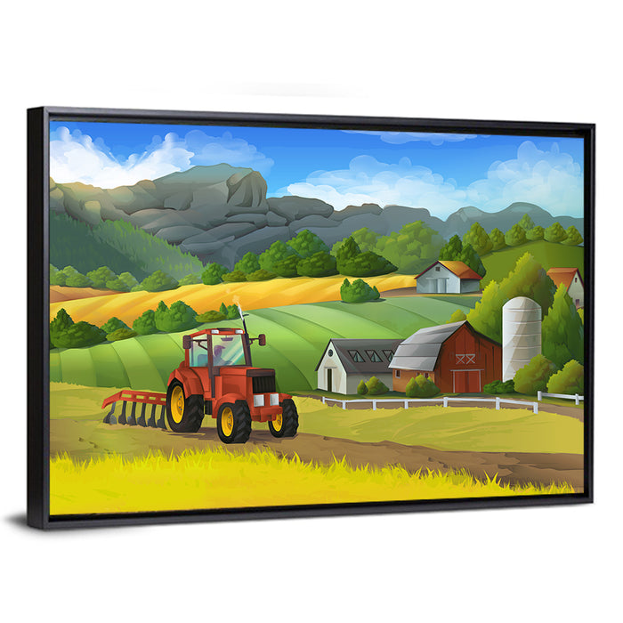 Red Tractor Farm Landscape Wall Art as a framed canvas