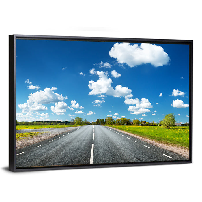 Asphalt Road Through Meadow Wall Art as a framed canvas