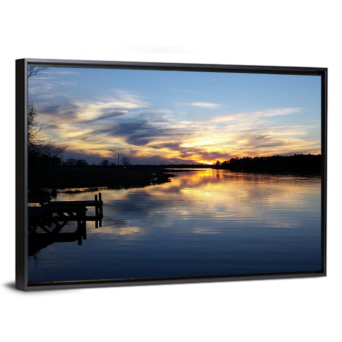 Lake Palestine Pier at Sunset Wall Art as a framed canvas