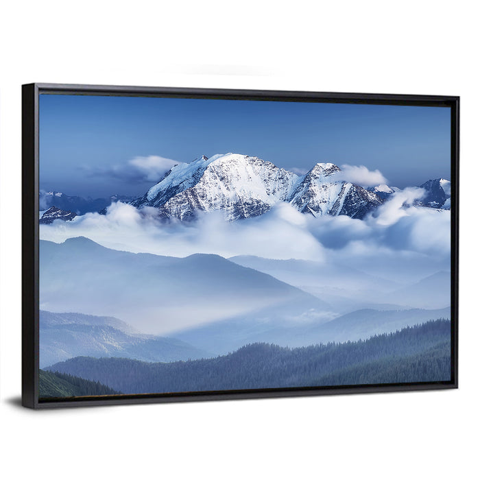 Snow-capped Peaks in Clouds Wall Art as a framed canvas