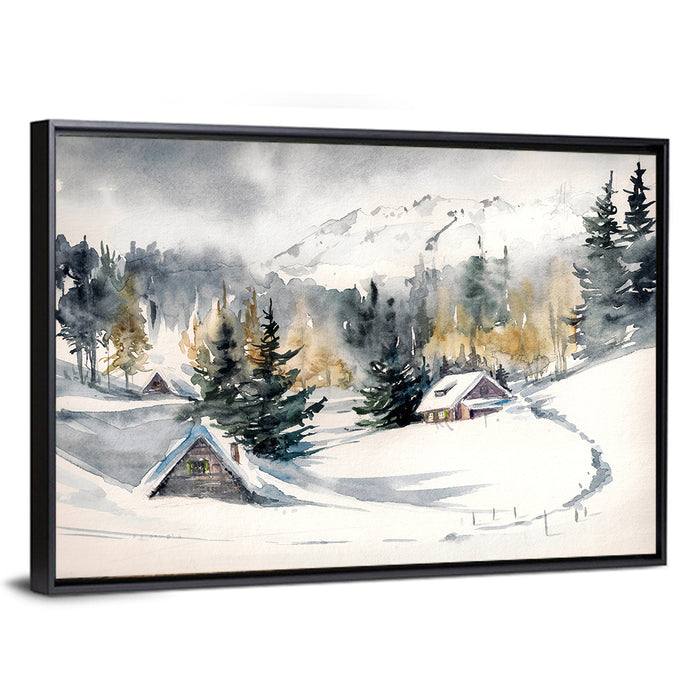 Snowy Mountain Village Watercolor Wall Art as a framed canvas