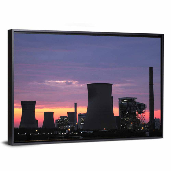 Coal Power Plant Sunset Silhouette Wall Art as a framed canvas