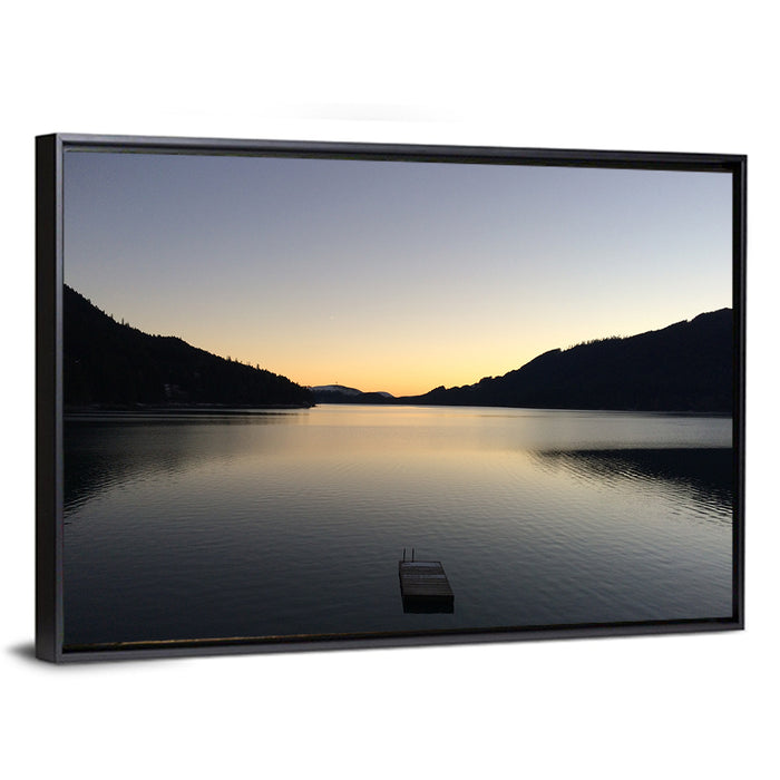 Lake Cushman Dock at Dusk Wall Art as a framed canvas