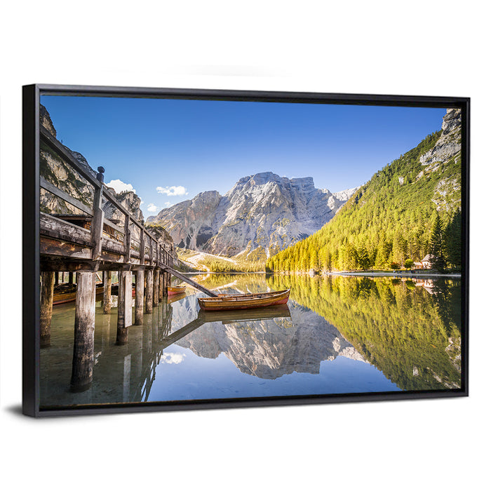 Lago Di Braies Pier Wall Art as a framed canvas