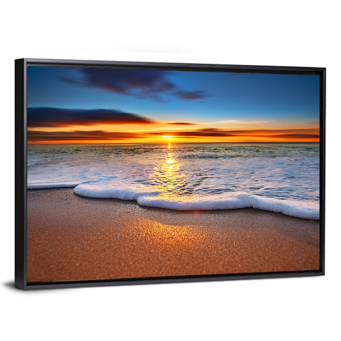 Sun Flare Beach Sunrise Wall Art as a framed canvas