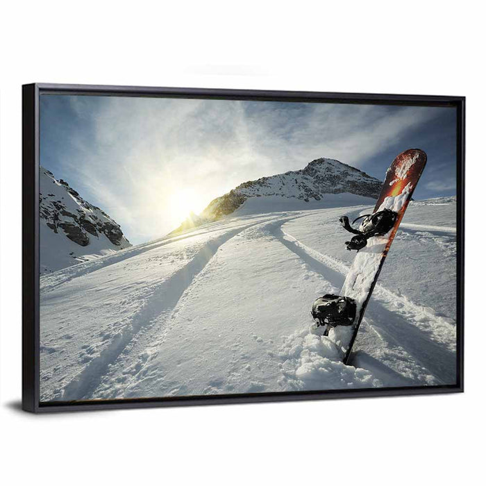Snowboard on Snow-covered Mountain Slope Wall Art as a framed canvas