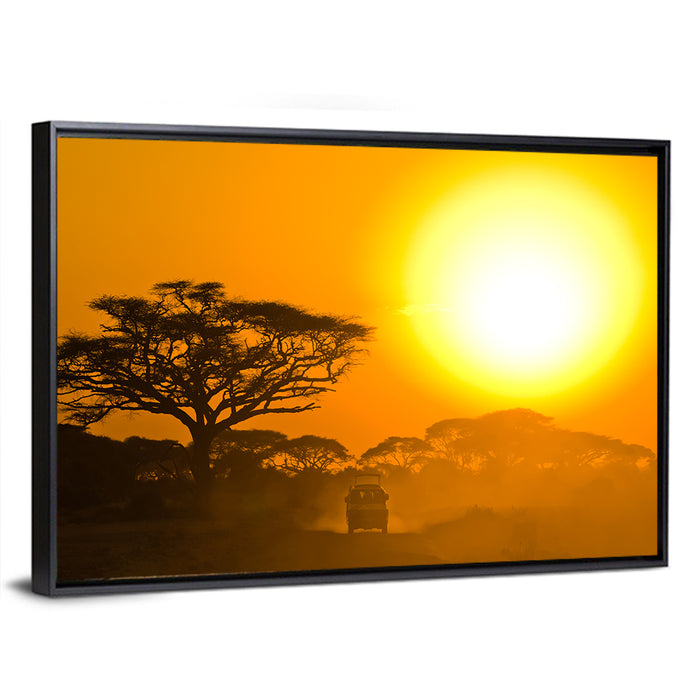 Jeep on Savannah at Sunset Wall Art as a framed canvas