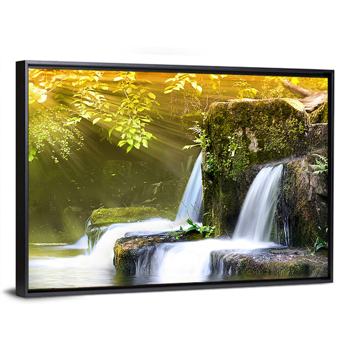 Sunlit Forest Waterfall Wall Art as a framed canvas
