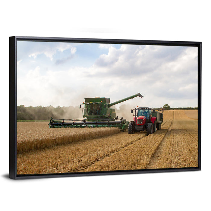 Wheat Harvest with Combine and Tractor Wall Art as a framed canvas