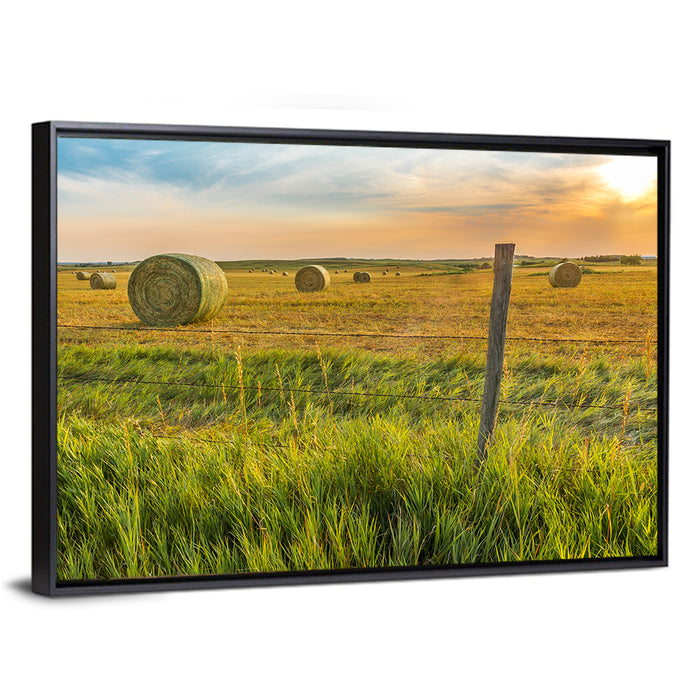 Hay Bales at Sunset Wall Art as a framed canvas