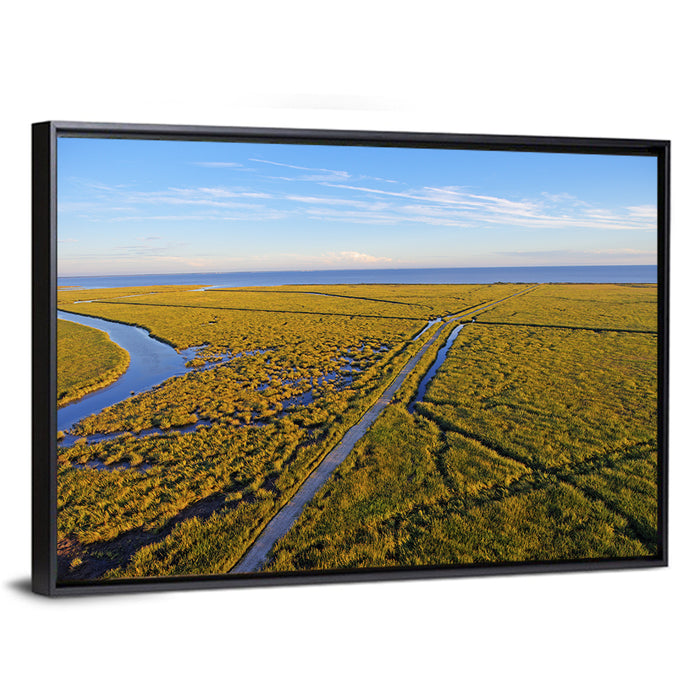Delaware Bay Marshland Aerial Wall Art as a framed canvas