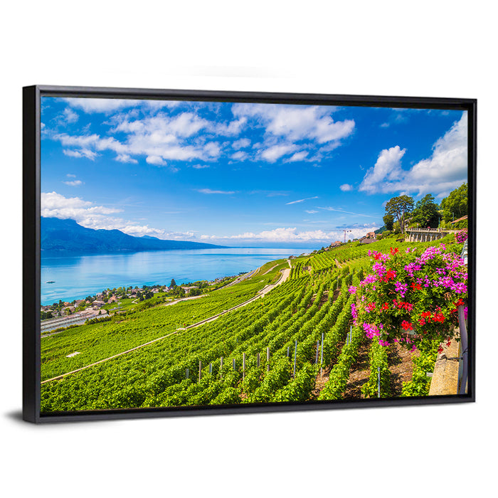 Lavaux Vineyard Terraces Over Lake Geneva Wall Art as a framed canvas