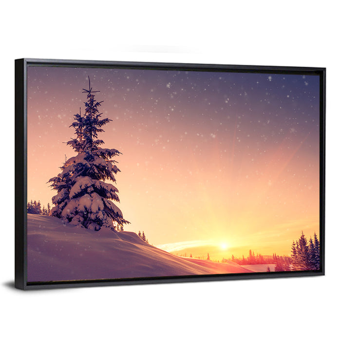 Snowy Sunset with Conifer Wall Art as a framed canvas