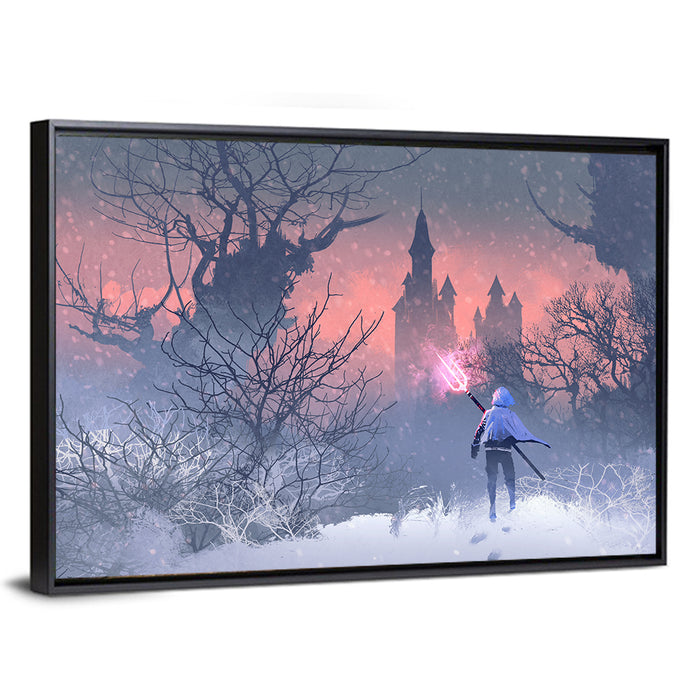 Knight with Glowing Trident Wall Art as a framed canvas