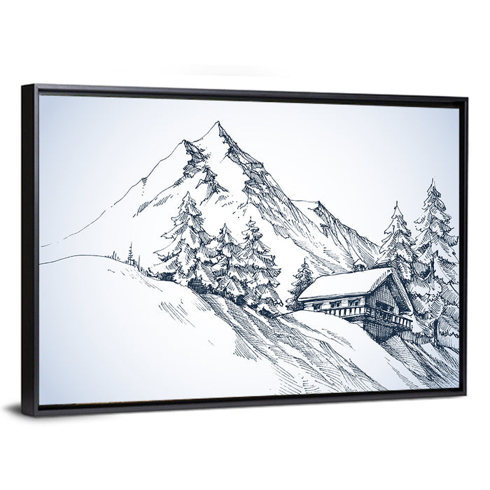 Snowy Mountain Cabin Sketch Wall Art as a framed canvas