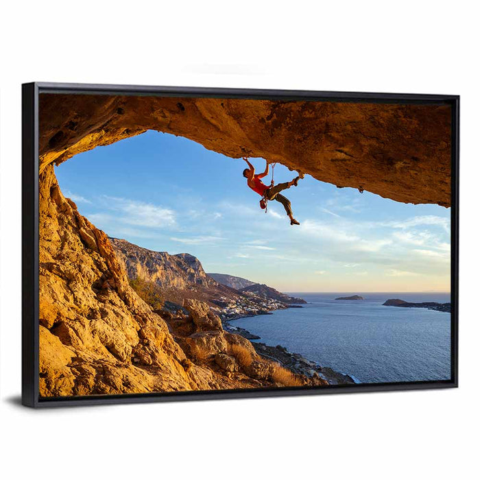 Climber on Overhanging Coastal Rock Wall Art as a framed canvas