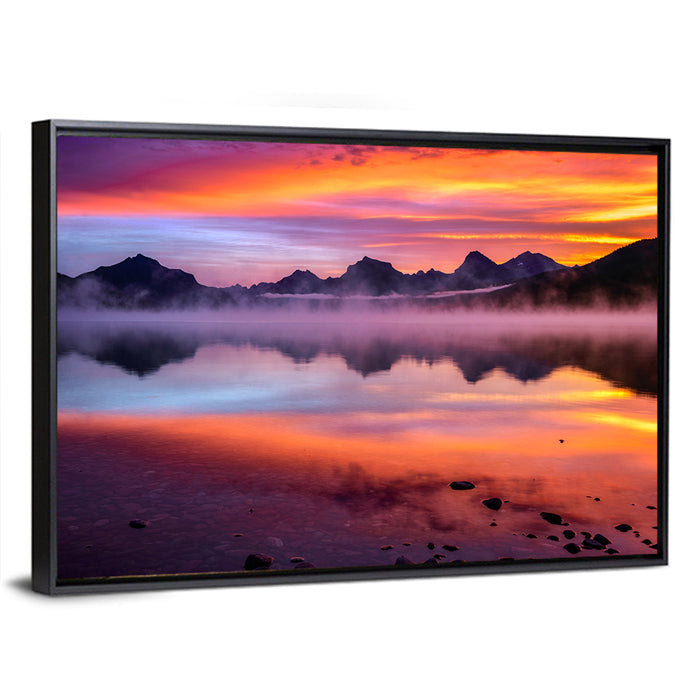 Lake Mcdonald Misty Sunset Wall Art as a framed canvas