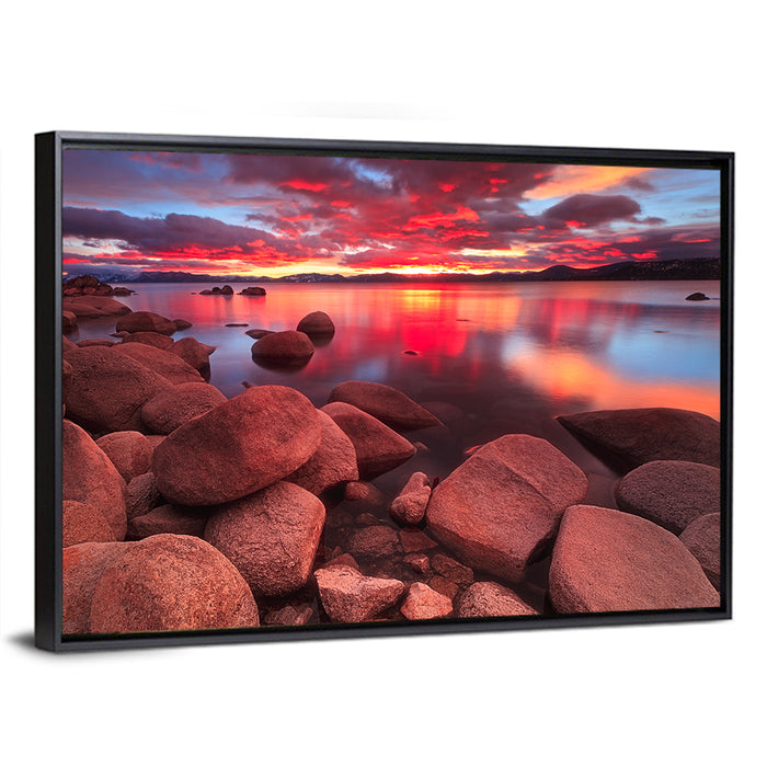 Lake Tahoe Sunset Reflection Wall Art as a framed canvas
