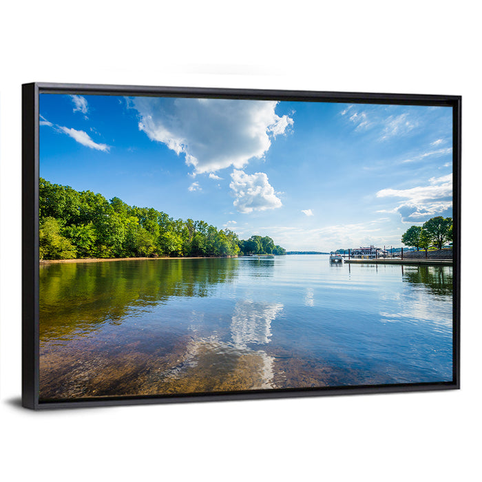 Lake Norman Dockside Reflection Wall Art as a framed canvas