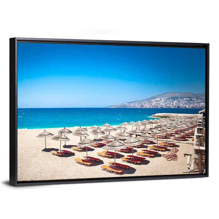Mango Beach Umbrellas Wall Art as a framed canvas