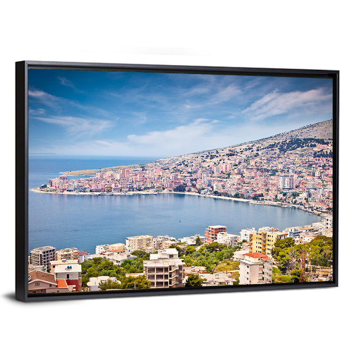 Saranda Bay Cityscape Wall Art as a framed canvas