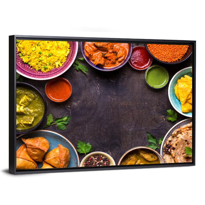 Indian Feast Flat-lay Wall Art as a framed canvas