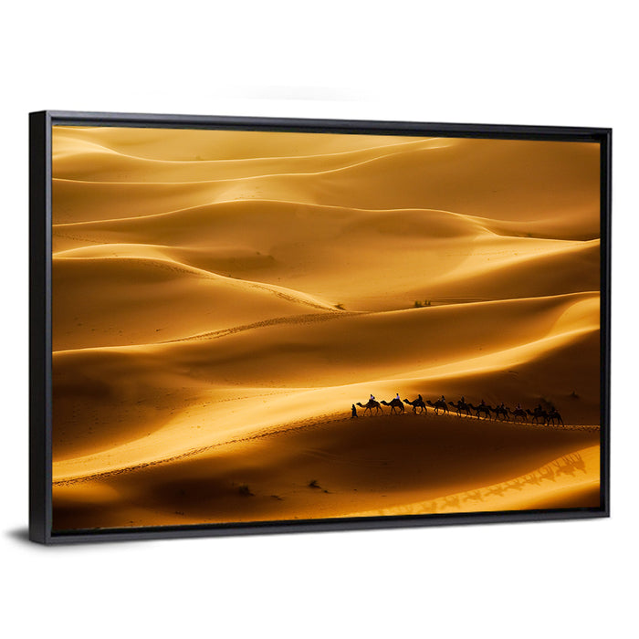 Golden Hour Camel Caravan Wall Art as a framed canvas