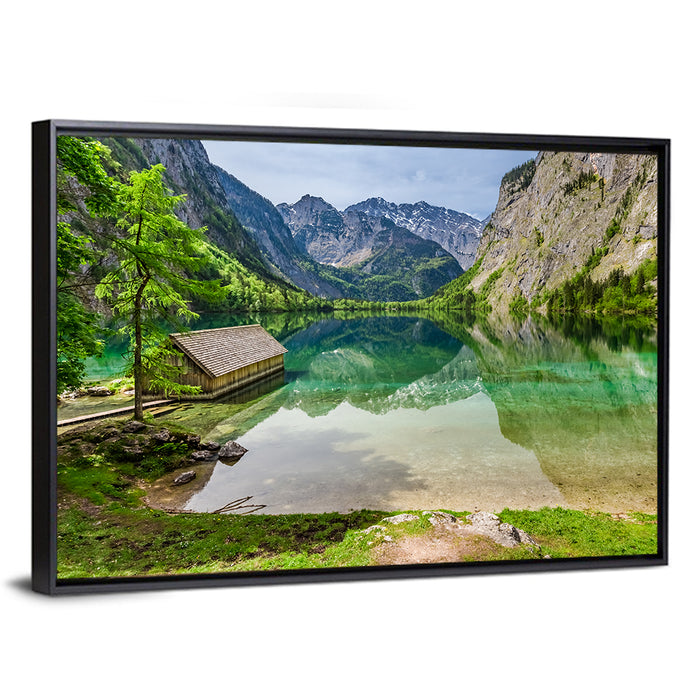 Obersee Boathouse Reflection Wall Art as a framed canvas