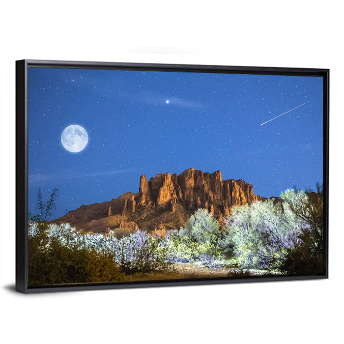 Moonlit Superstition Mountains Arizona Wall Art as a framed canvas