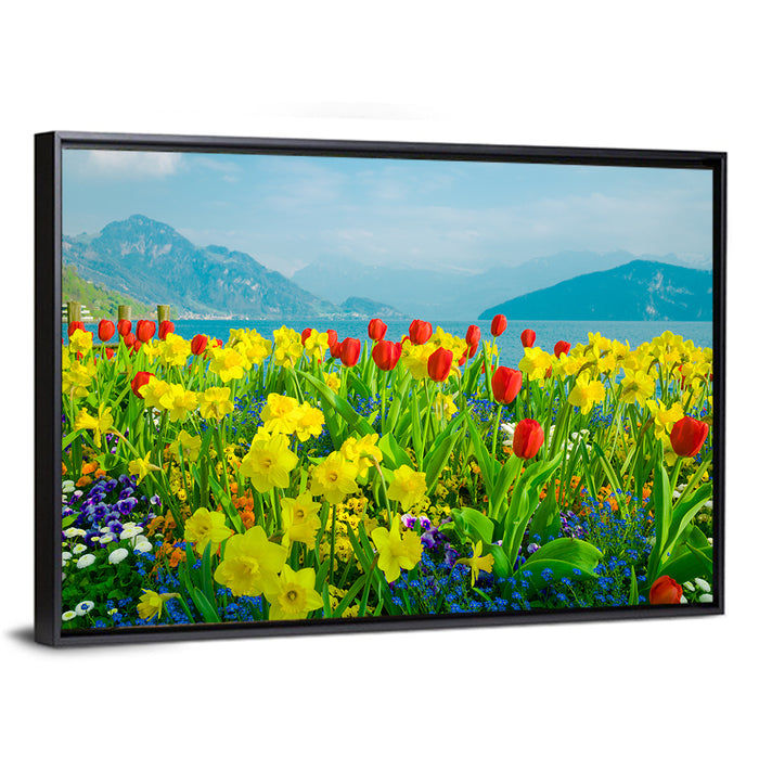 Lake Lucerne Daffodils Wall Art as a framed canvas