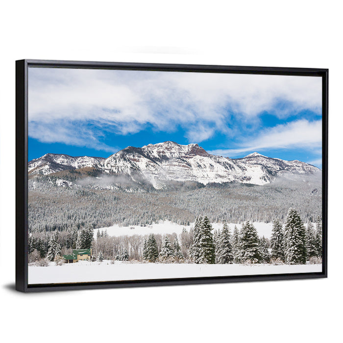 Colorado Snowy Mountain Cabin Wall Art as a framed canvas