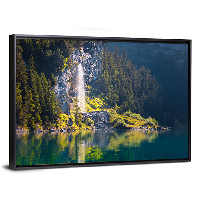 Lake Oeschinen Waterfall Reflection Wall Art as a framed canvas