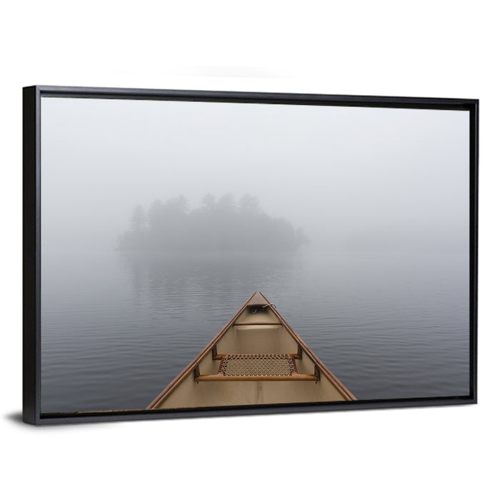 Canoe on Misty Ontario Lake Wall Art as a framed canvas