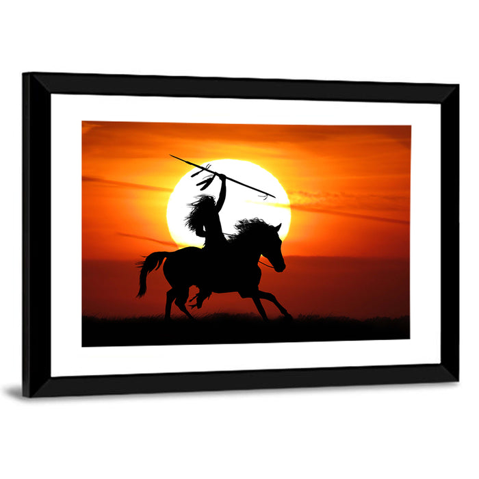 Native American Rider at Sunset Wall Art as a framed print