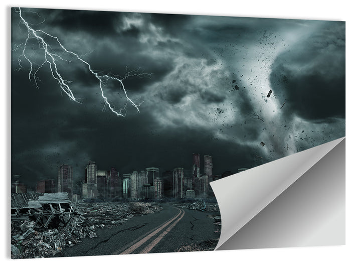 Tornado Over Destroyed City Skyline Wall Art as a poster print