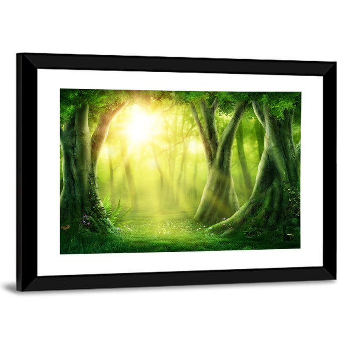 Enchanted Forest at Sunrise Wall Art as a framed print