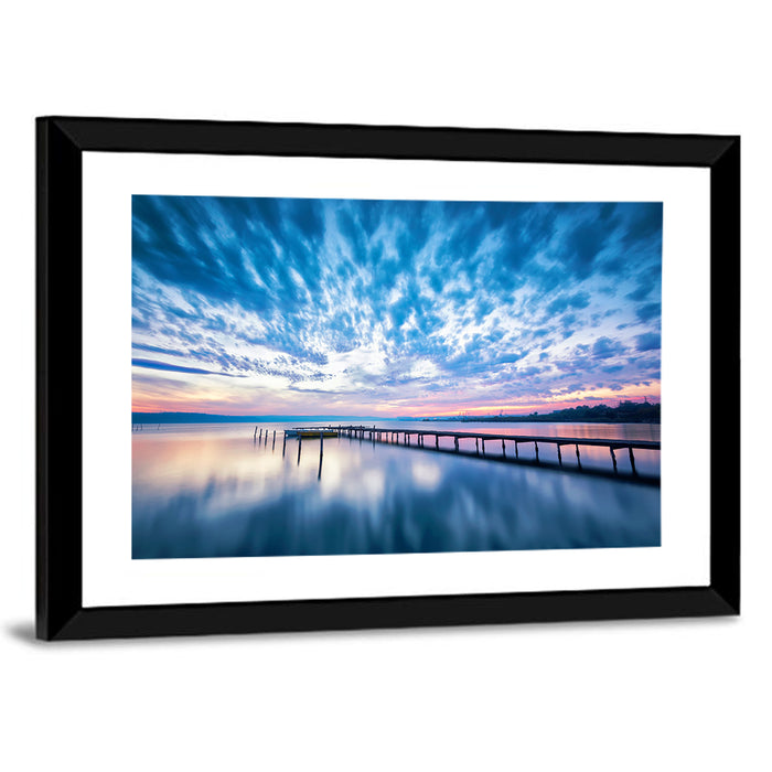 Cloudy Lake Pier at Dusk Wall Art as a framed print