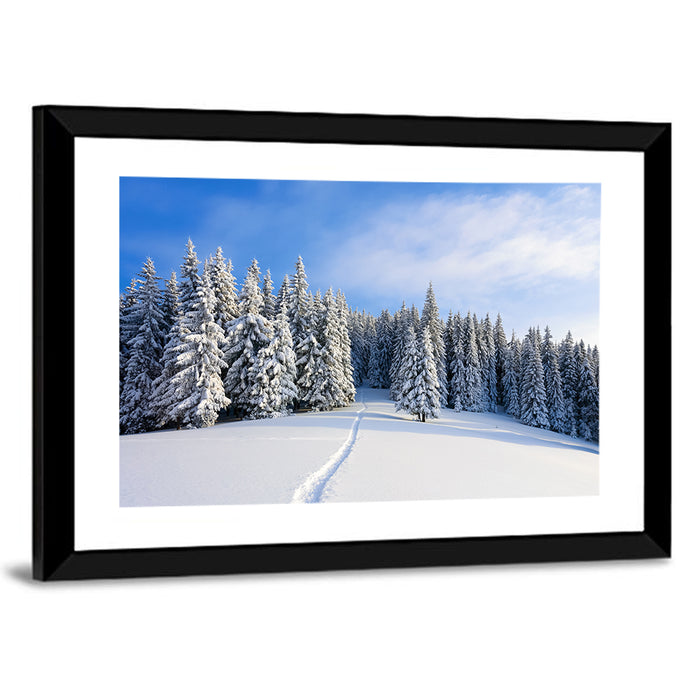 Snowy Mountain Forest Path Wall Art as a framed print