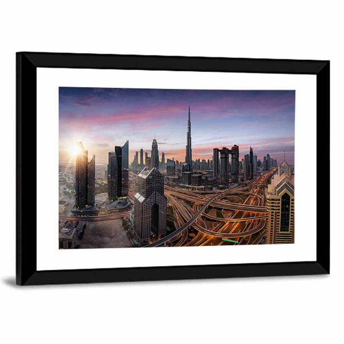 Dubai Skyline at Dusk Wall Art as a framed print