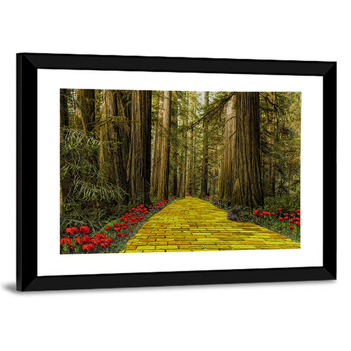Yellow Brick Path Through Redwoods Wall Art as a framed print