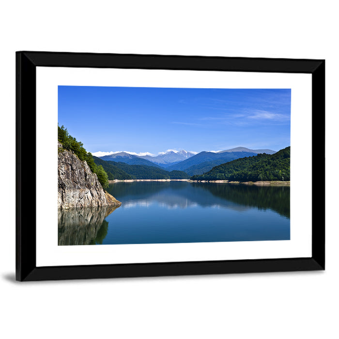 Cliffside Mountain Lake Reflection Wall Art as a framed print
